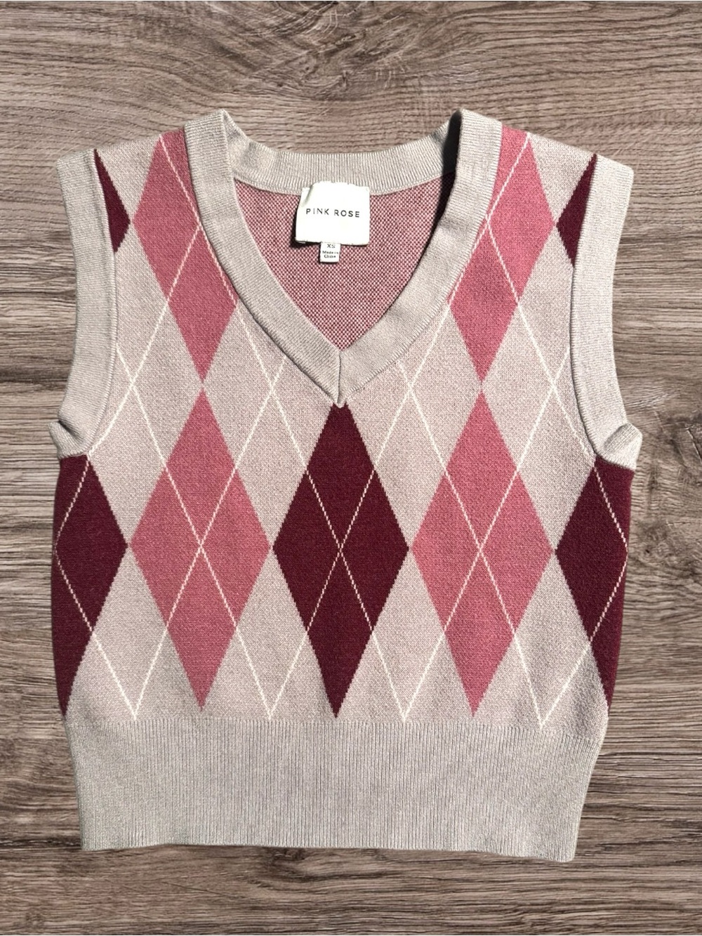 Pink Rose Preppy Coquette Argyle V-Neck Sweater Vest